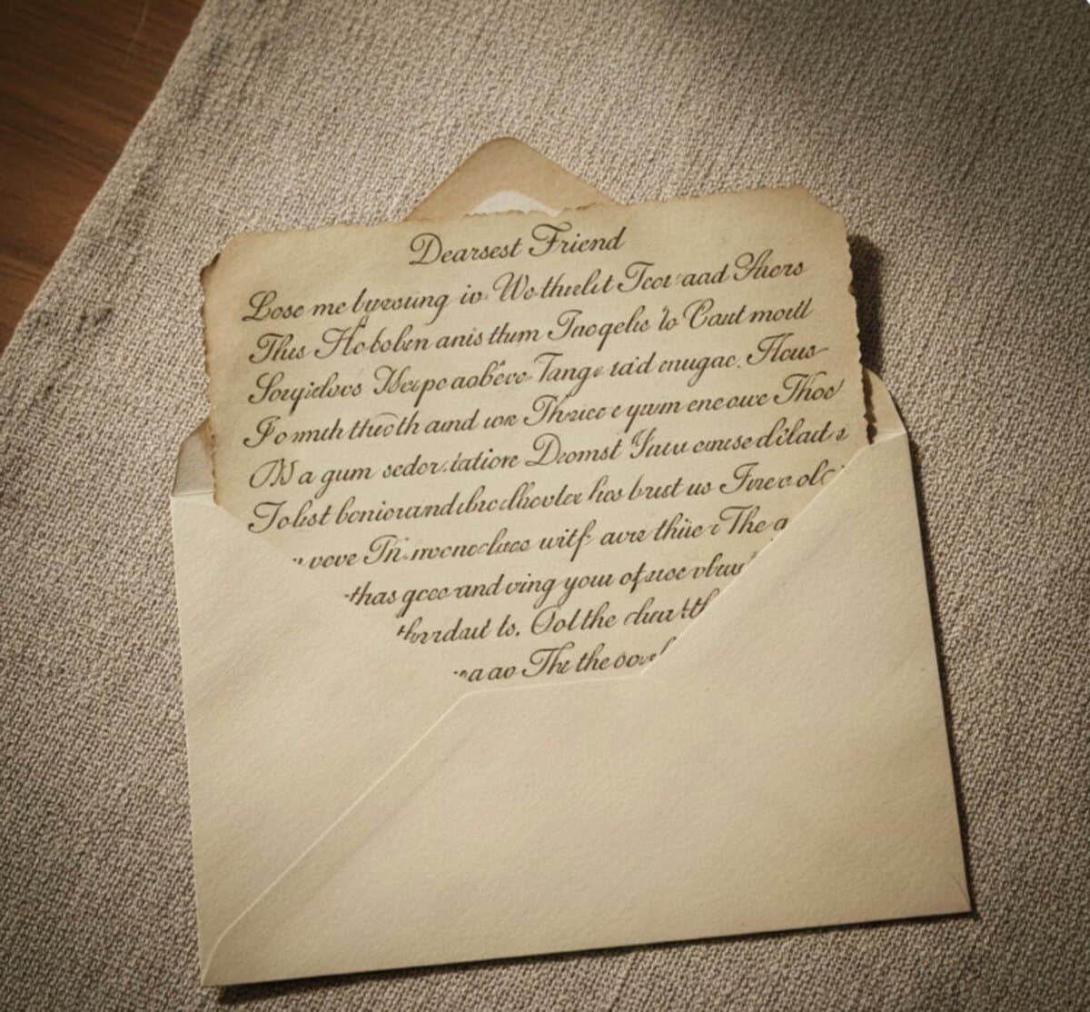 A handwritten letter emerging from an elegant envelope
