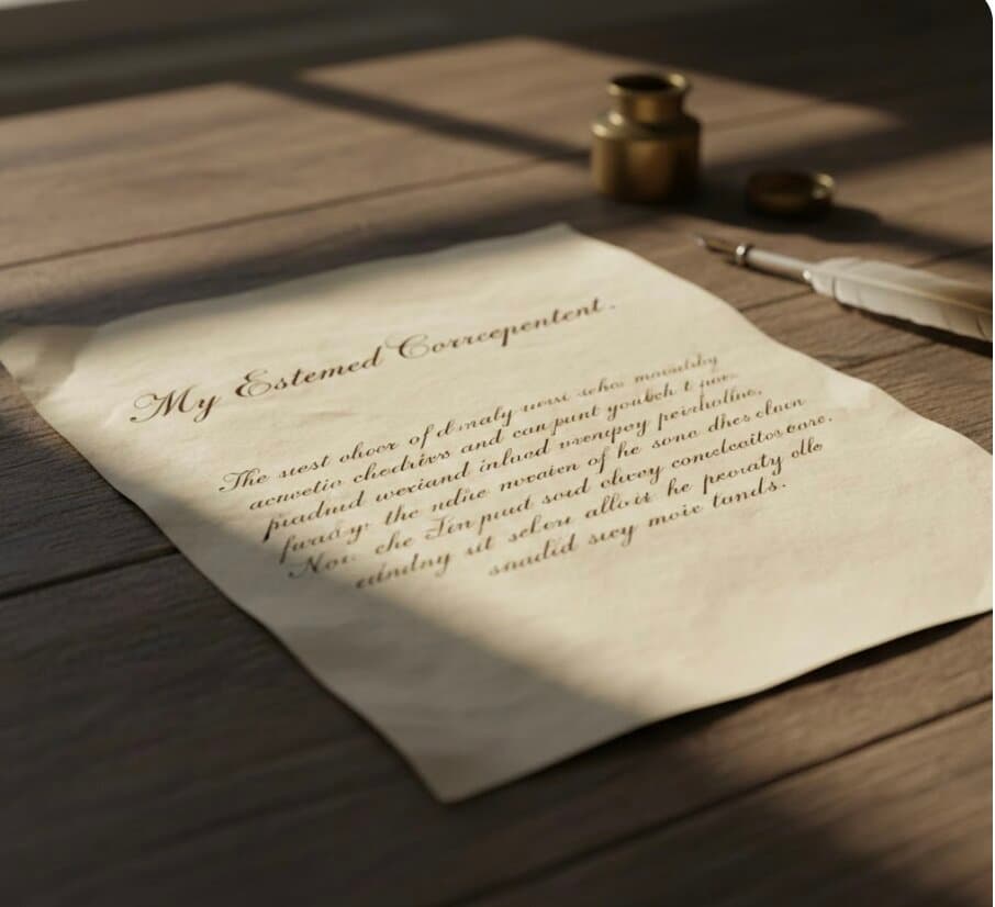 A handwritten letter on aged paper with quill and inkwell