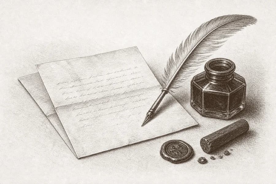 An engraving of a writer's desk: a letter, quill, inkwell, and wax seal