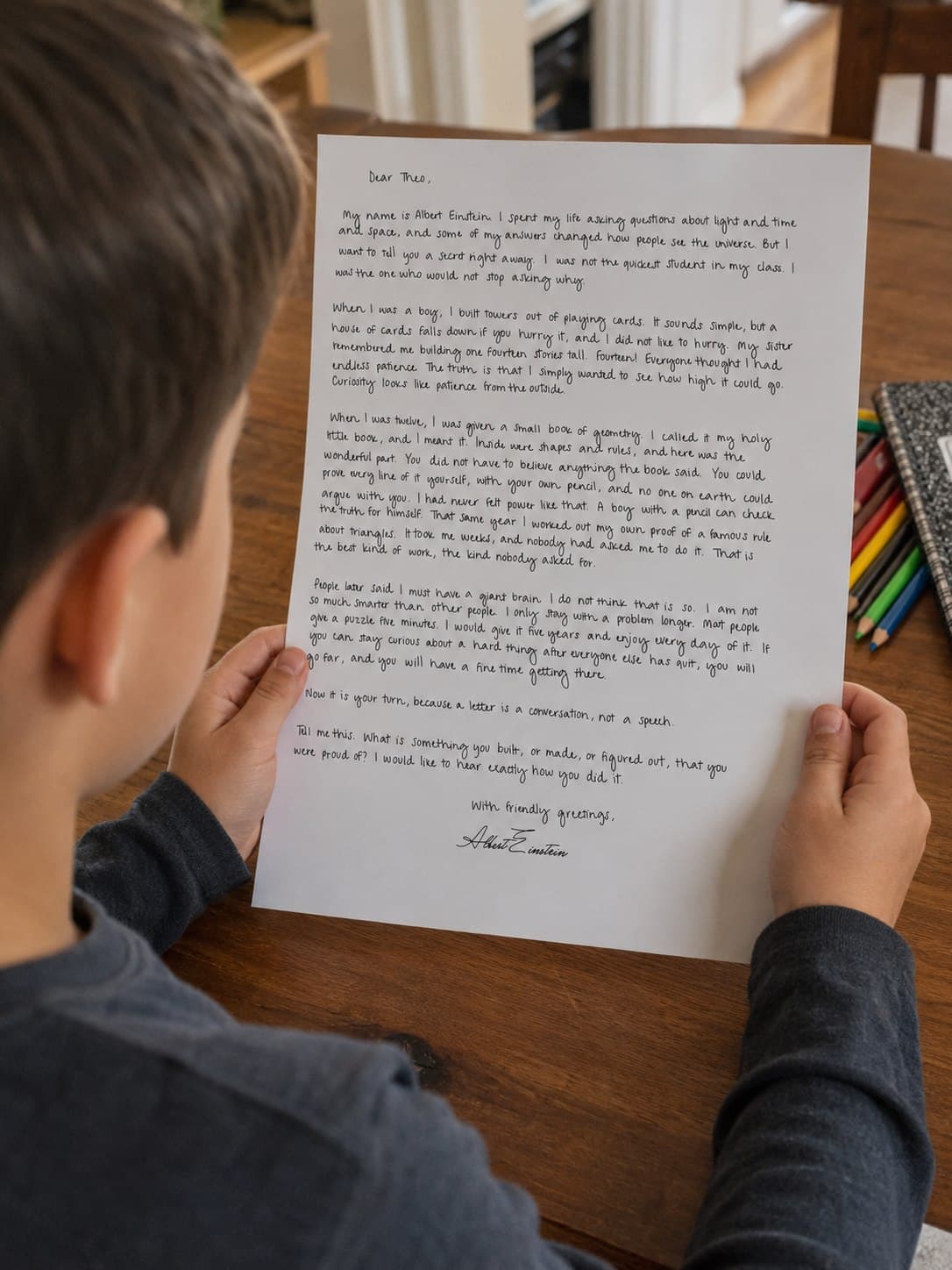 A child at a kitchen table reading a handwritten letter from Albert Einstein